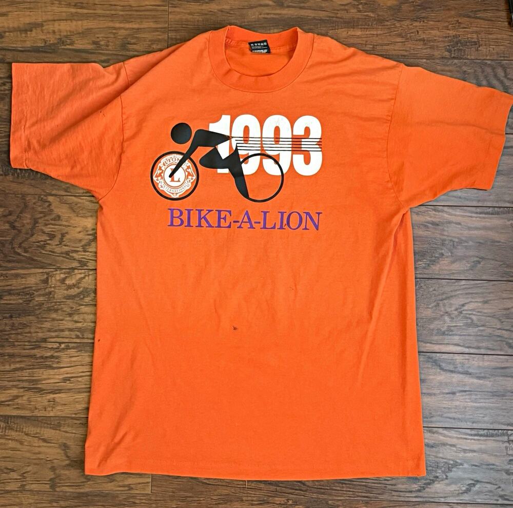 Vtg 1993 Bike-A-Lion Lions Club Cycling T Shirt XL Orange Made USA Single Stitch